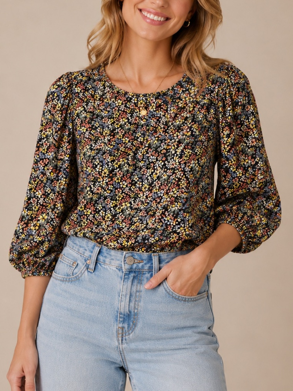 Papaya Woman Floral Print Puff Sleeve Viscose Blouse Size 12 Boho Cottagecore